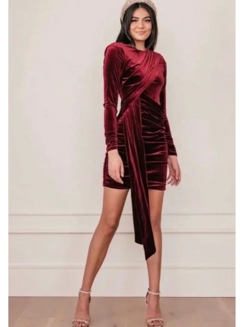 JESSAKAE Noor Velvet Draped Long Sleeve Mini Dress Burgundy Size Small